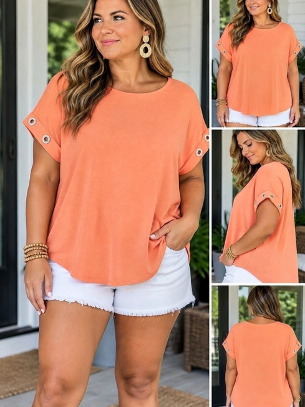 Orange Blouse With Rhinestone Grommet Sleeves